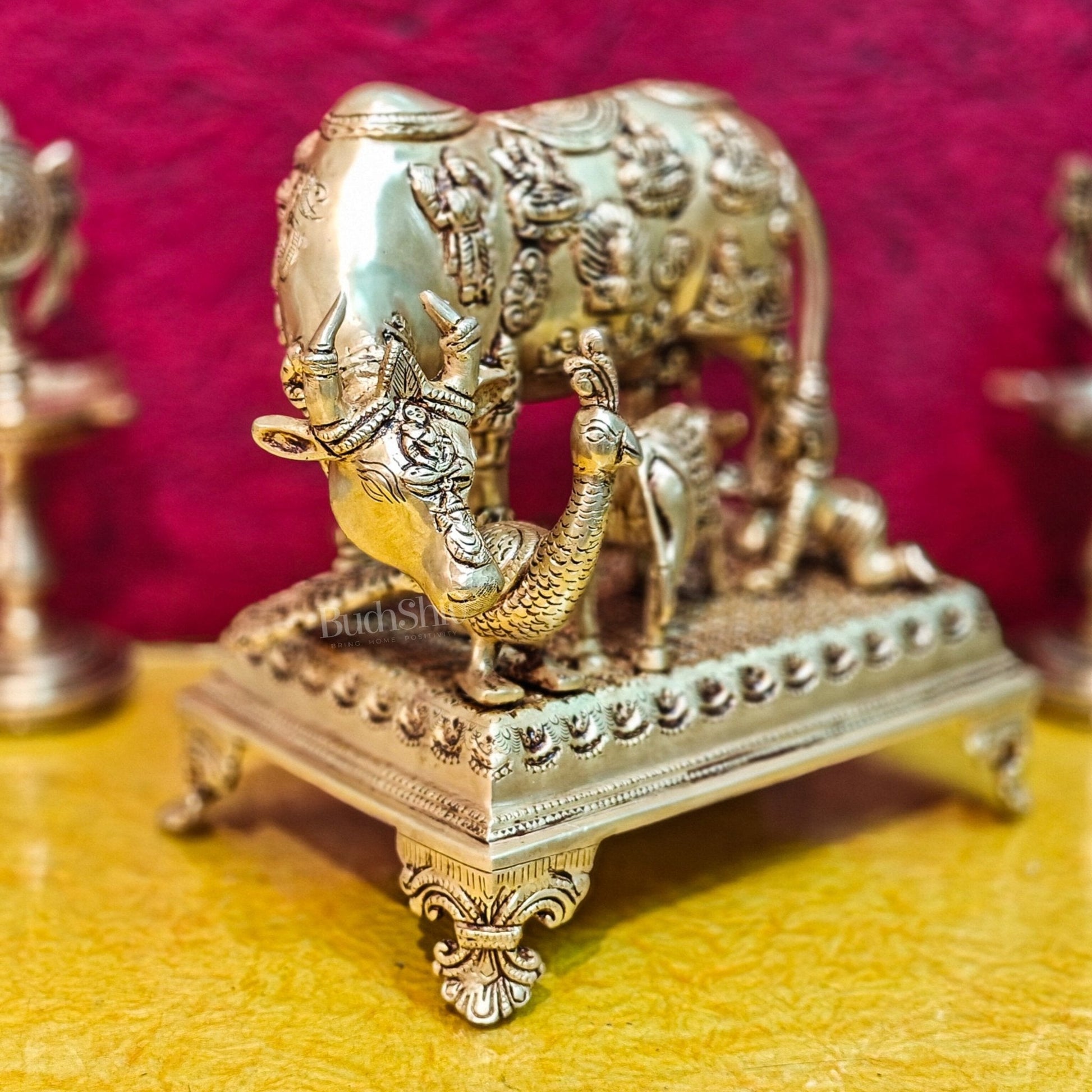 Brass Kaamdhenu cow and calf idol | 10"