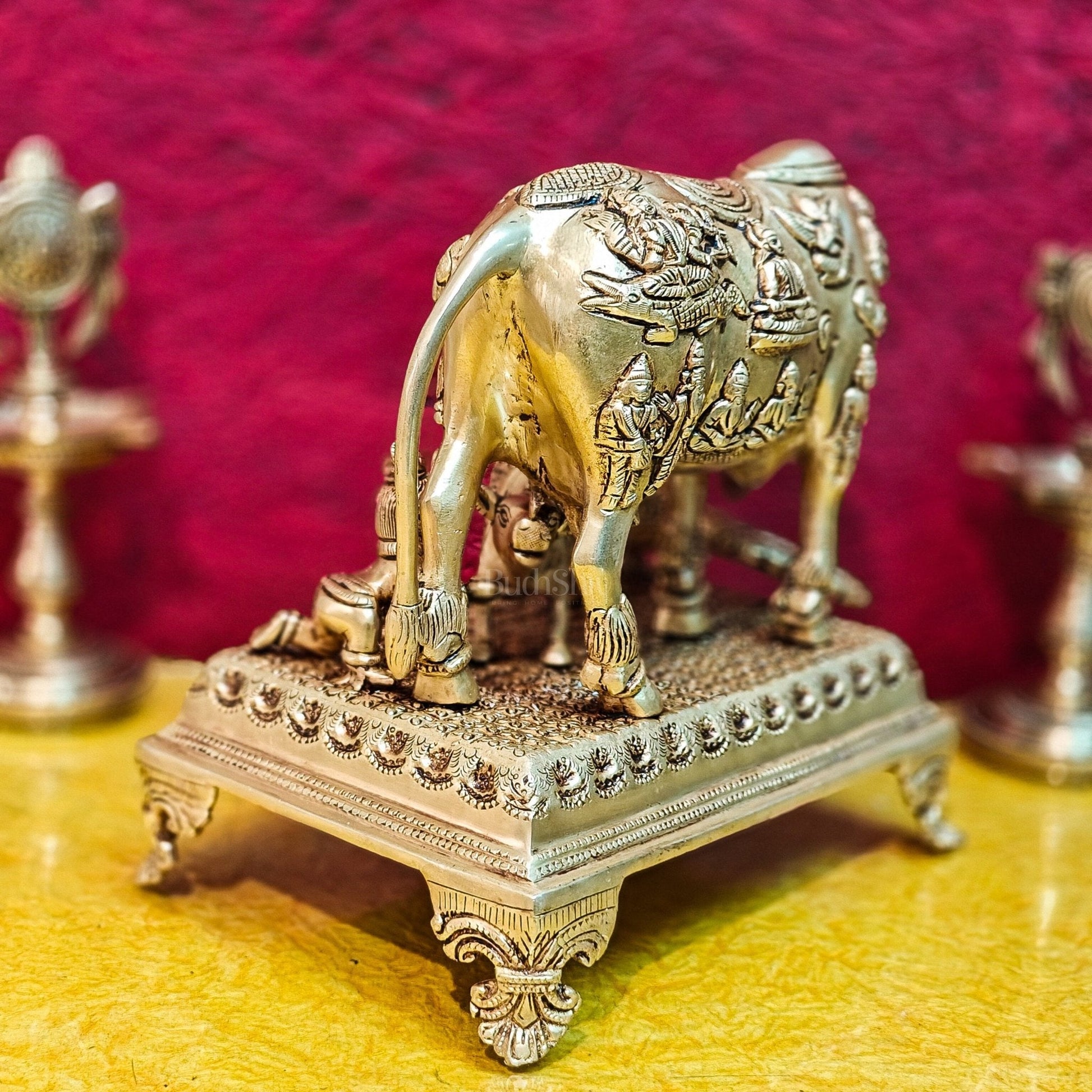 Brass Kaamdhenu cow and calf idol | 10"