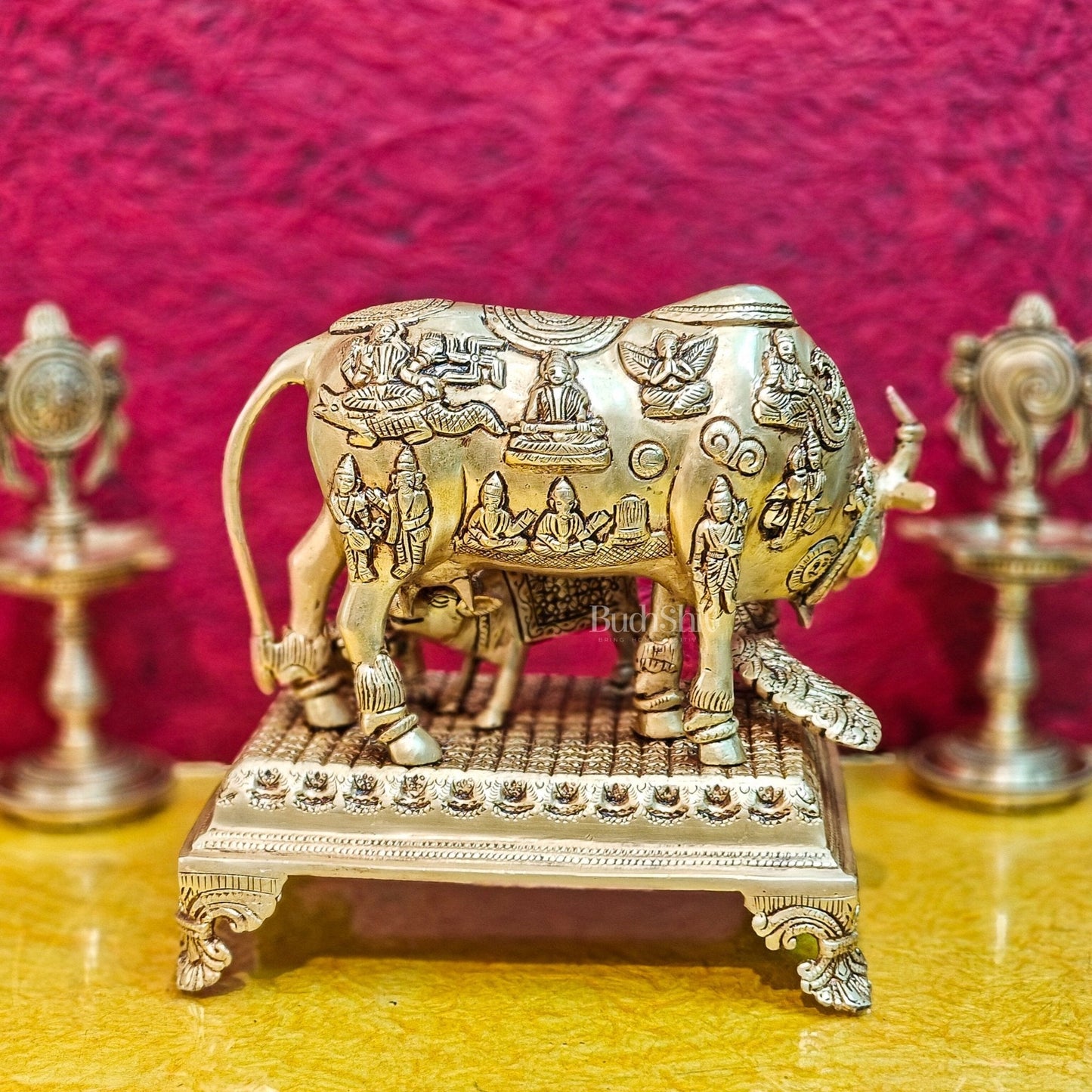Brass Kaamdhenu cow and calf idol | 10"