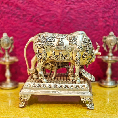 Brass Kaamdhenu cow and calf idol | 10"