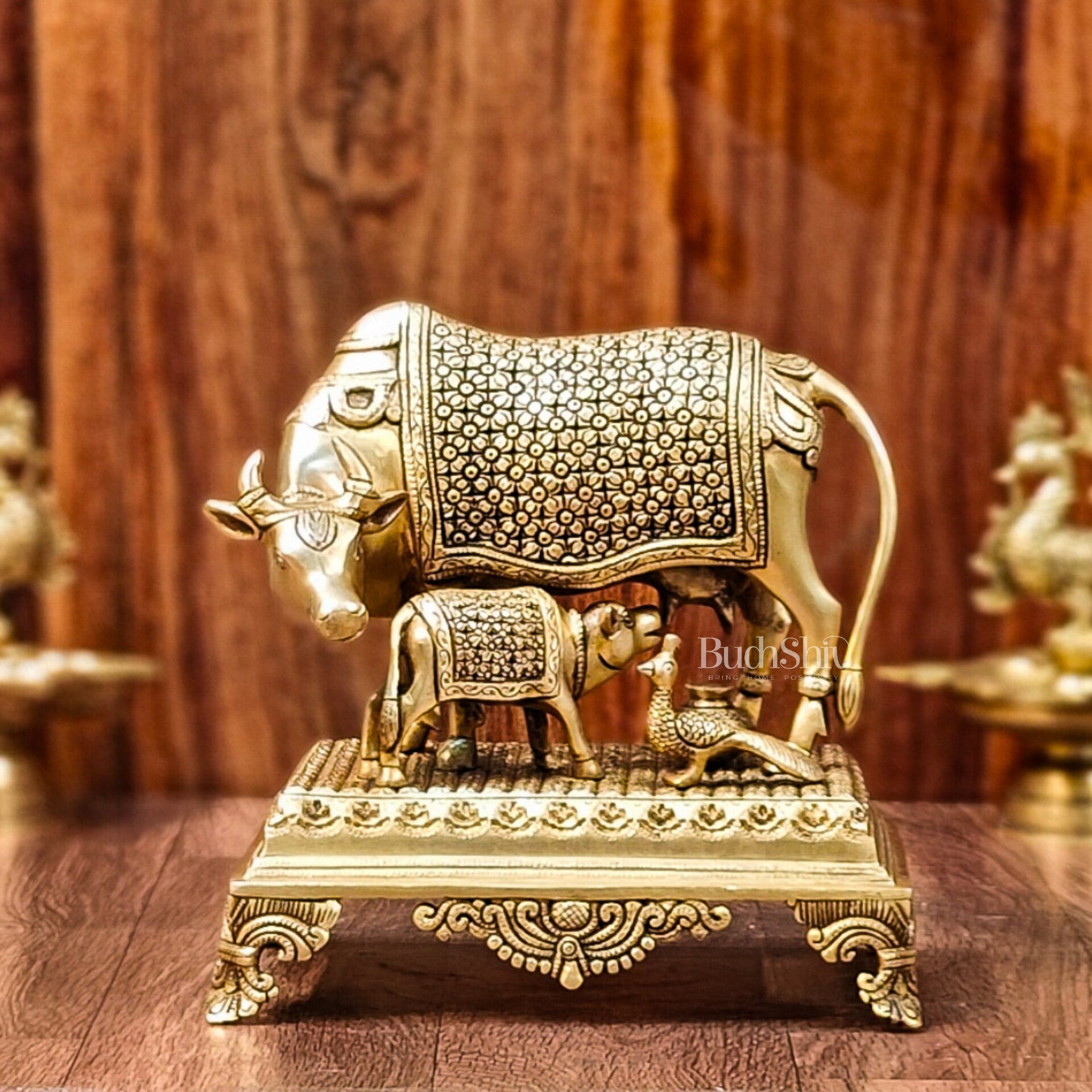 Brass Kaamdhenu cow and calf idol| 10"
