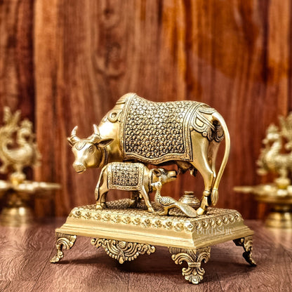 Brass Kaamdhenu cow and calf idol| 10"