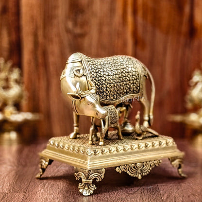 Brass Kaamdhenu cow and calf idol| 10"