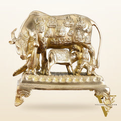 Brass Kaamdhenu Cow and calf statue 10 inch