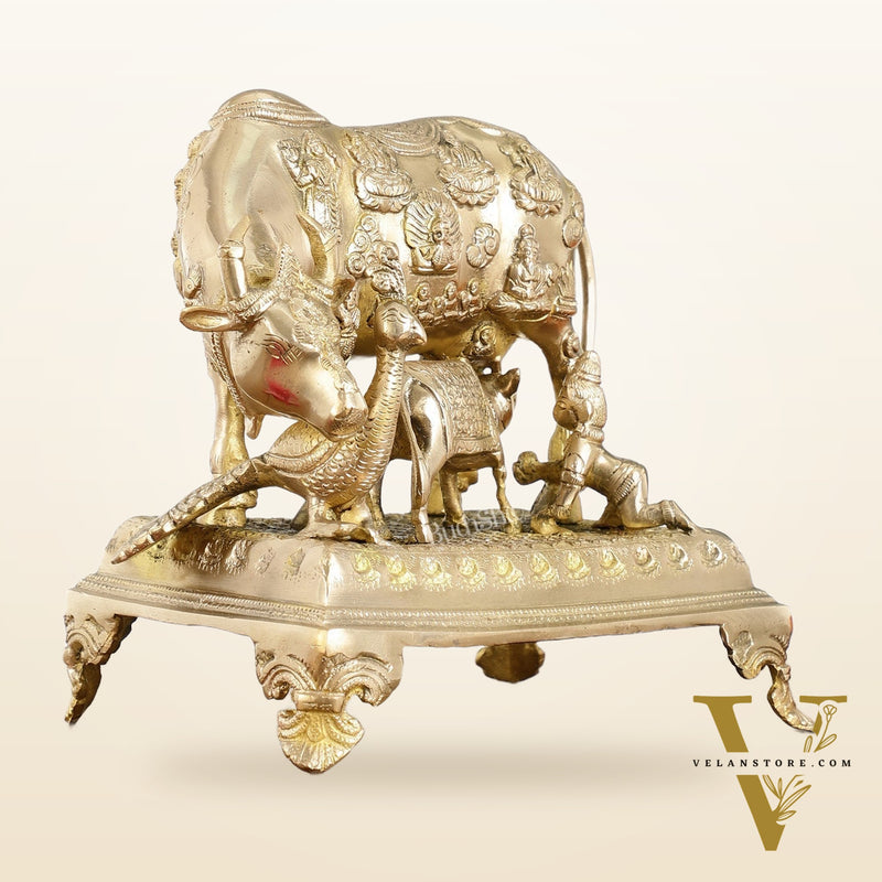 Brass Kaamdhenu Cow and calf statue 10 inch