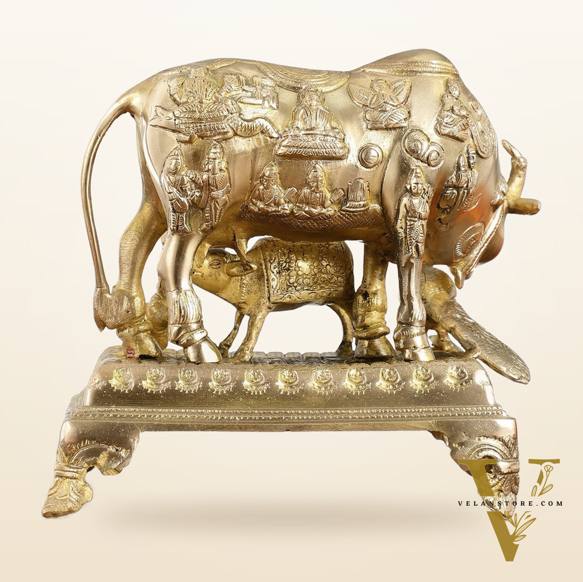 Brass Kaamdhenu Cow and calf statue 10 inch