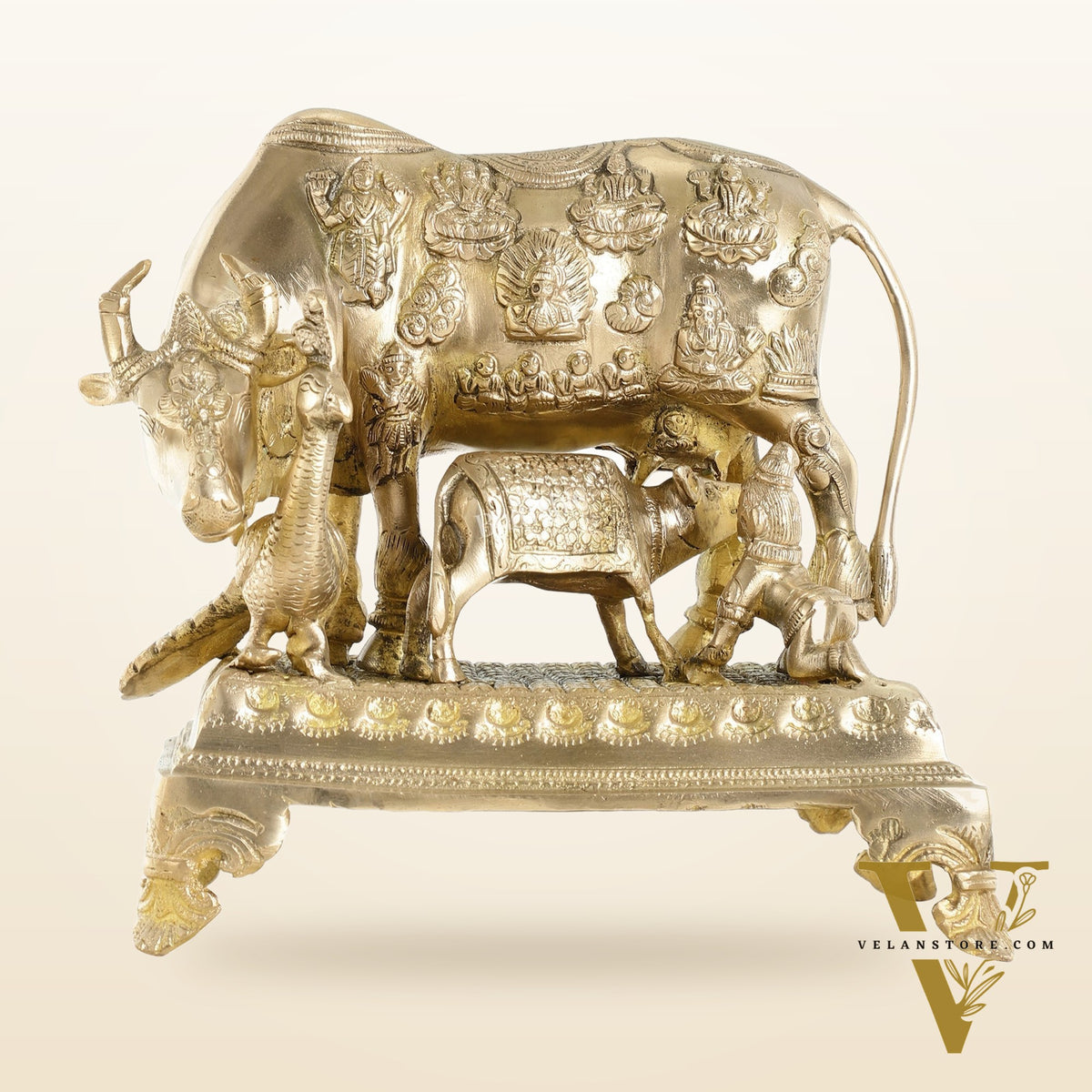 Brass Kaamdhenu Cow and calf statue 10 inch
