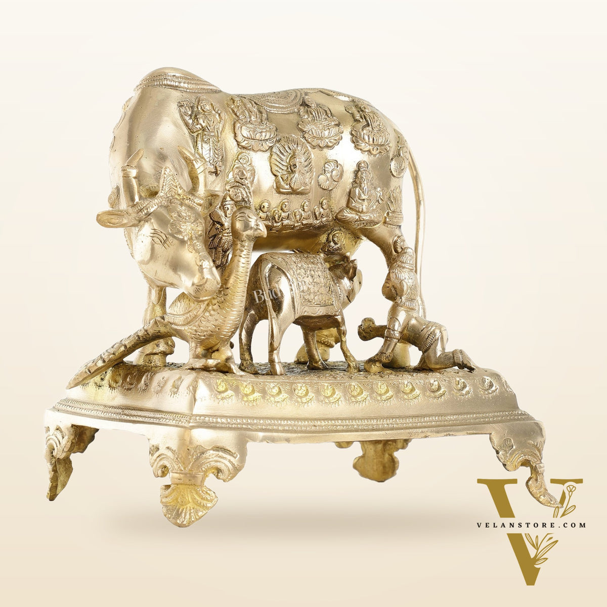 Brass Kaamdhenu Cow and calf statue 10 inch