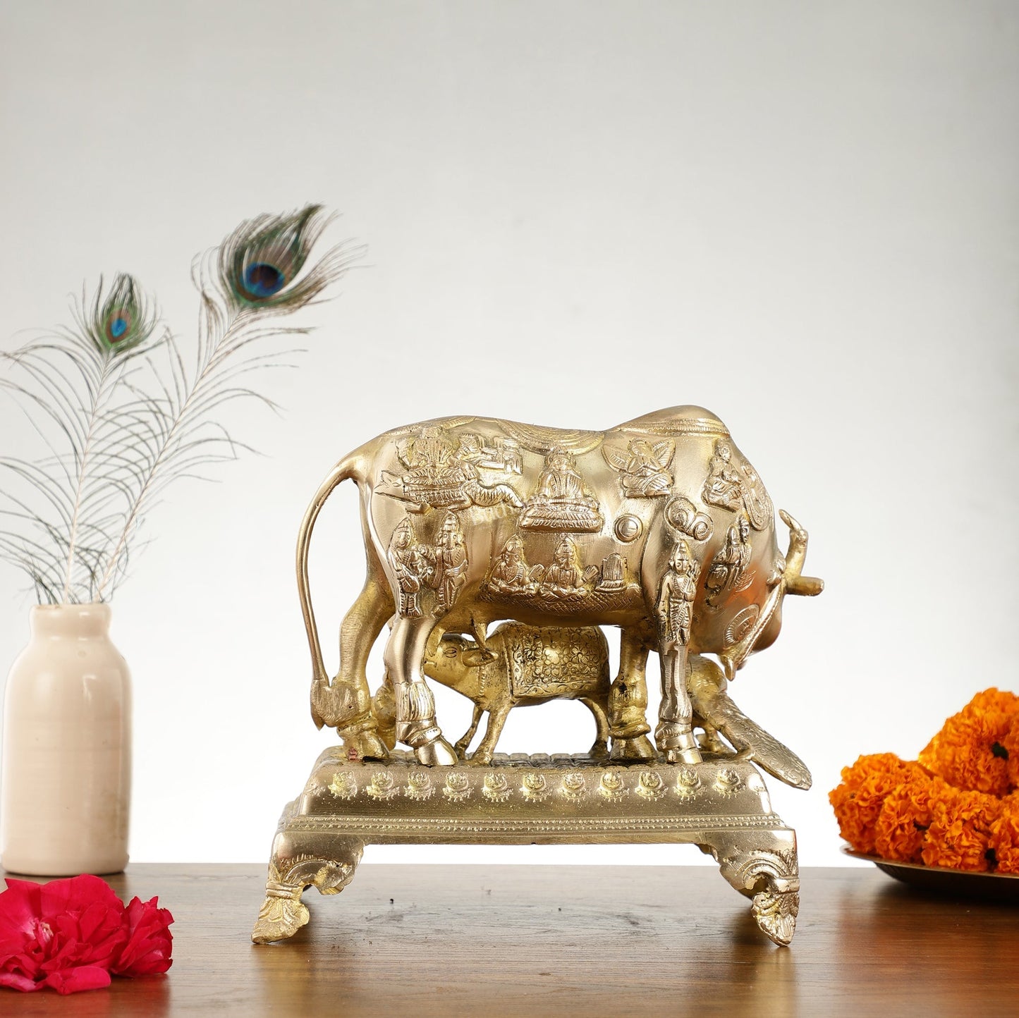 Brass Kaamdhenu Cow and calf statue 10 inch