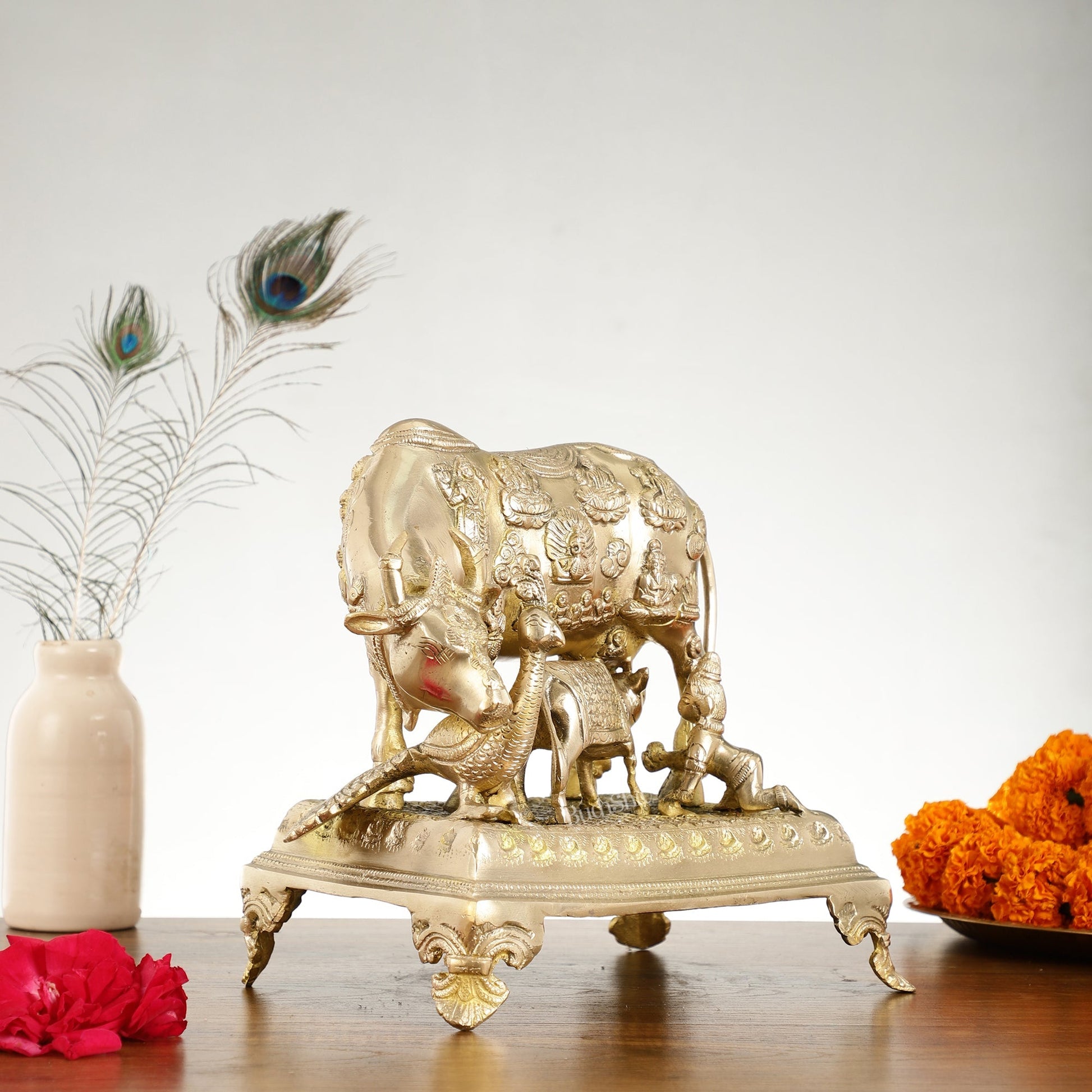 Brass Kaamdhenu Cow and calf statue 10 inch
