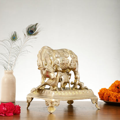 Brass Kaamdhenu Cow and calf statue 10 inch