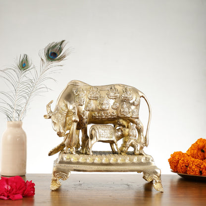 Brass Kaamdhenu Cow and calf statue 10 inch