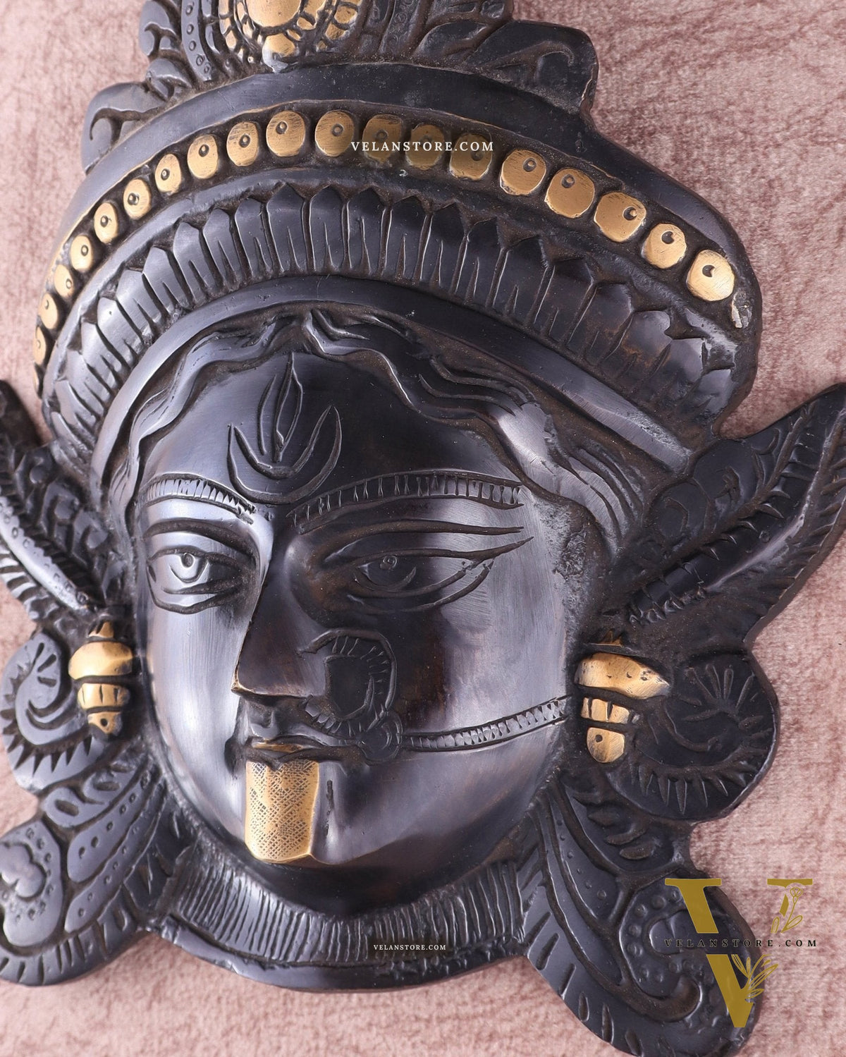 Brass Kali Maa Face wall hanging black edition 10"