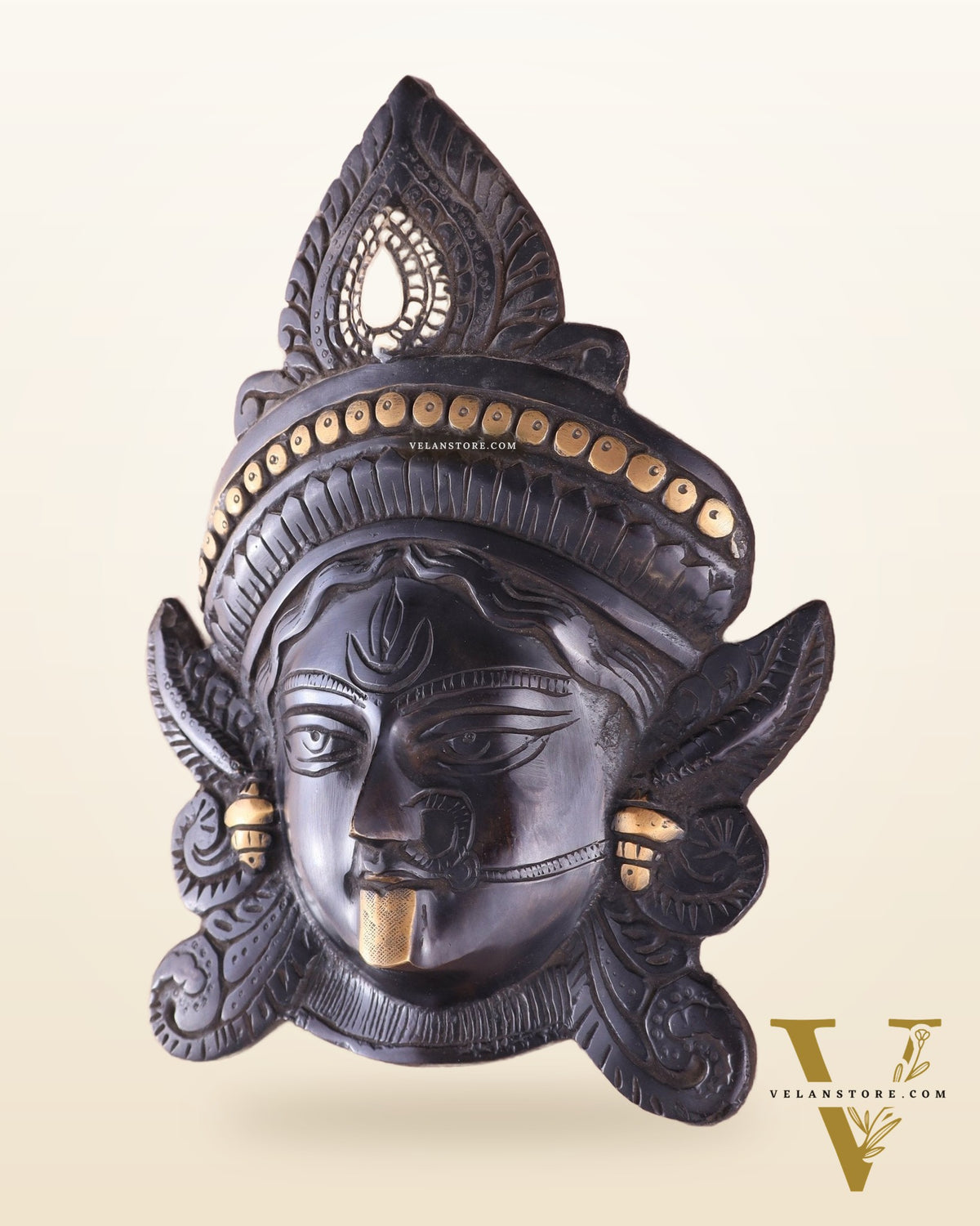 Brass Kali Maa Face wall hanging black edition 10"