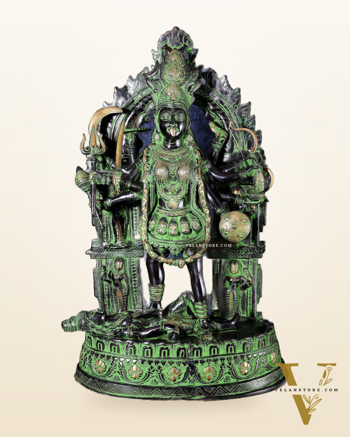 Brass Kali Mata with Temple Arch – Dashabhuja Form (Black-Green Tone) 28"