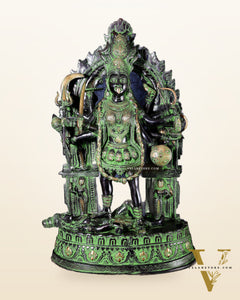 Brass Kali Mata with Temple Arch – Dashabhuja Form (Black-Green Tone) 28"