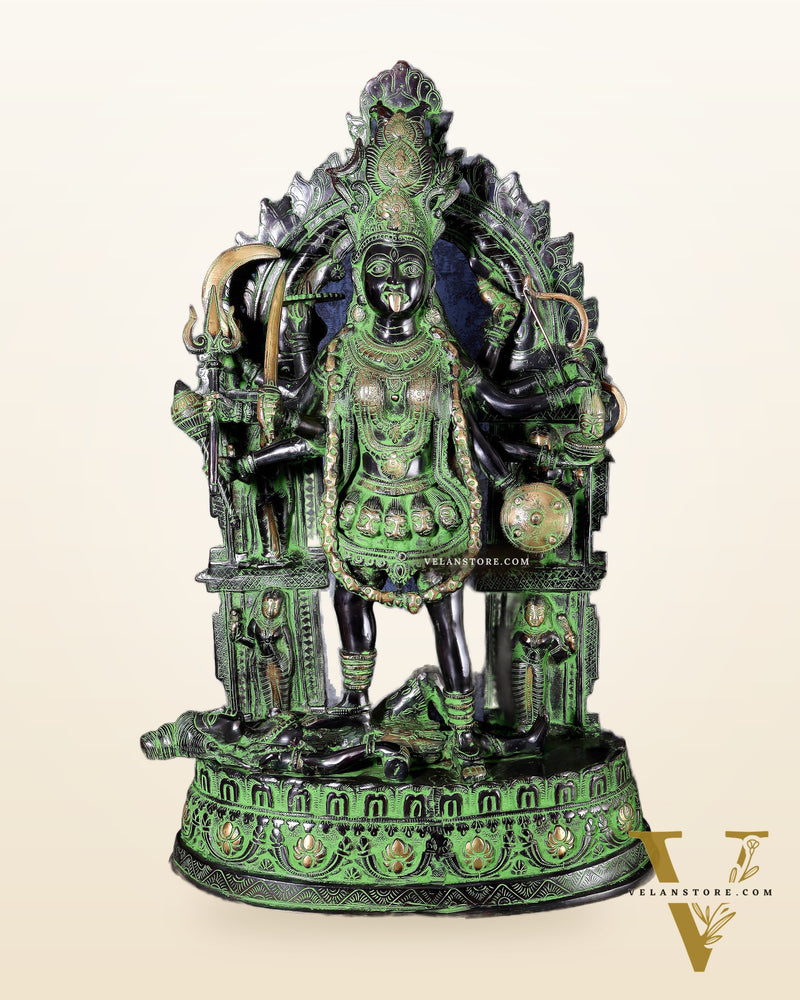 Brass Kali Mata with Temple Arch – Dashabhuja Form (Black-Green Tone) 28"