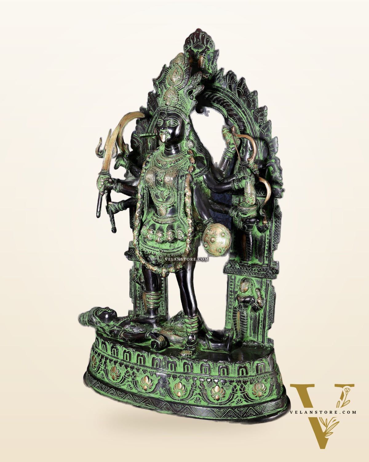 Brass Kali Mata with Temple Arch – Dashabhuja Form (Black-Green Tone) 28"