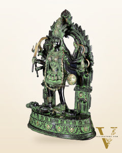 Brass Kali Mata with Temple Arch – Dashabhuja Form (Black-Green Tone) 28"