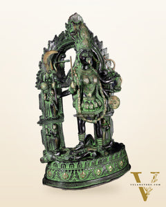 Brass Kali Mata with Temple Arch – Dashabhuja Form (Black-Green Tone) 28"