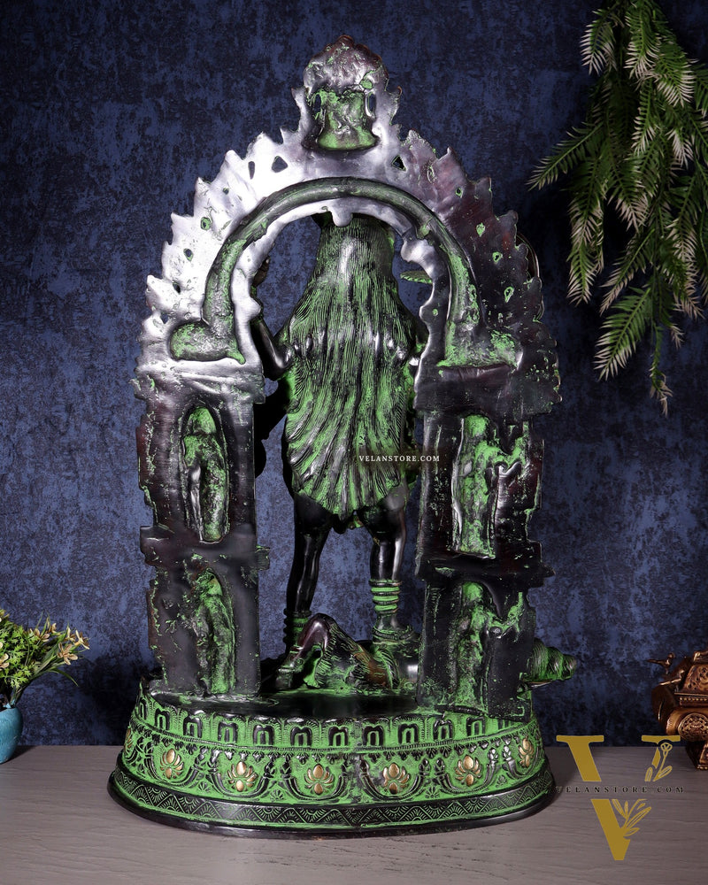 Brass Kali Mata with Temple Arch – Dashabhuja Form (Black-Green Tone) 28"