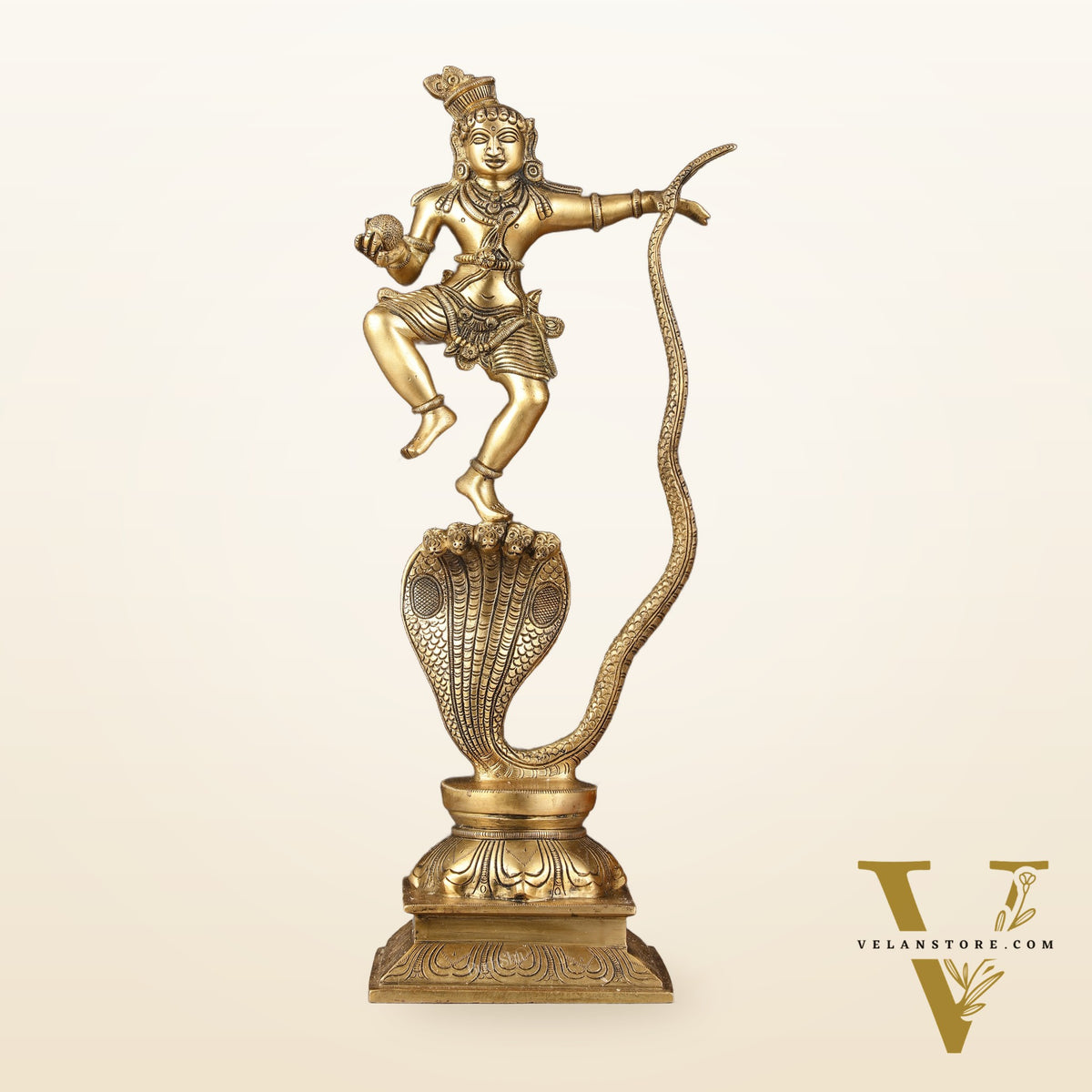 Brass Kalinga Krishna on Kaliya Naag Statue - 18" Height