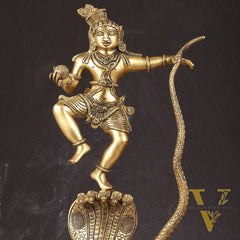 Brass Kalinga Krishna on Kaliya Naag Statue - 18" Height