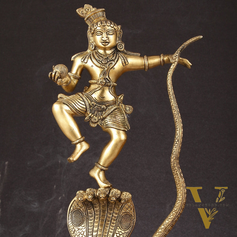 Brass Kalinga Krishna on Kaliya Naag Statue - 18" Height
