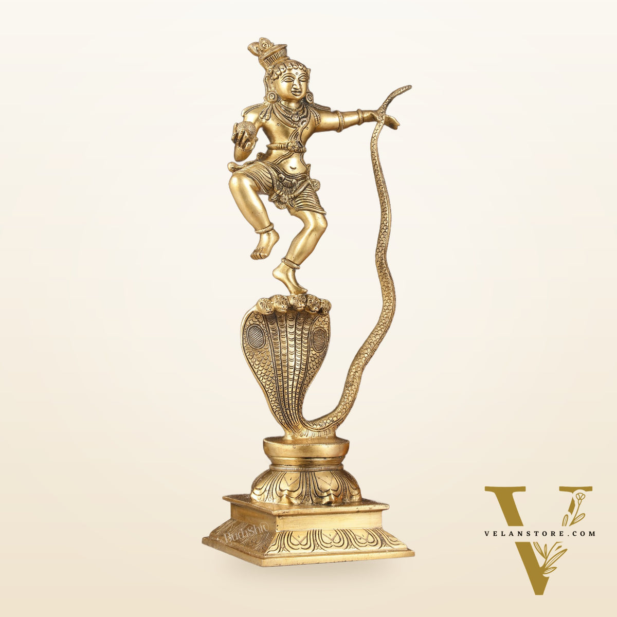 Brass Kalinga Krishna on Kaliya Naag Statue - 18" Height