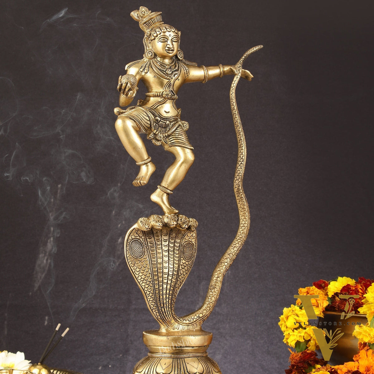 Brass Kalinga Krishna on Kaliya Naag Statue - 18" Height