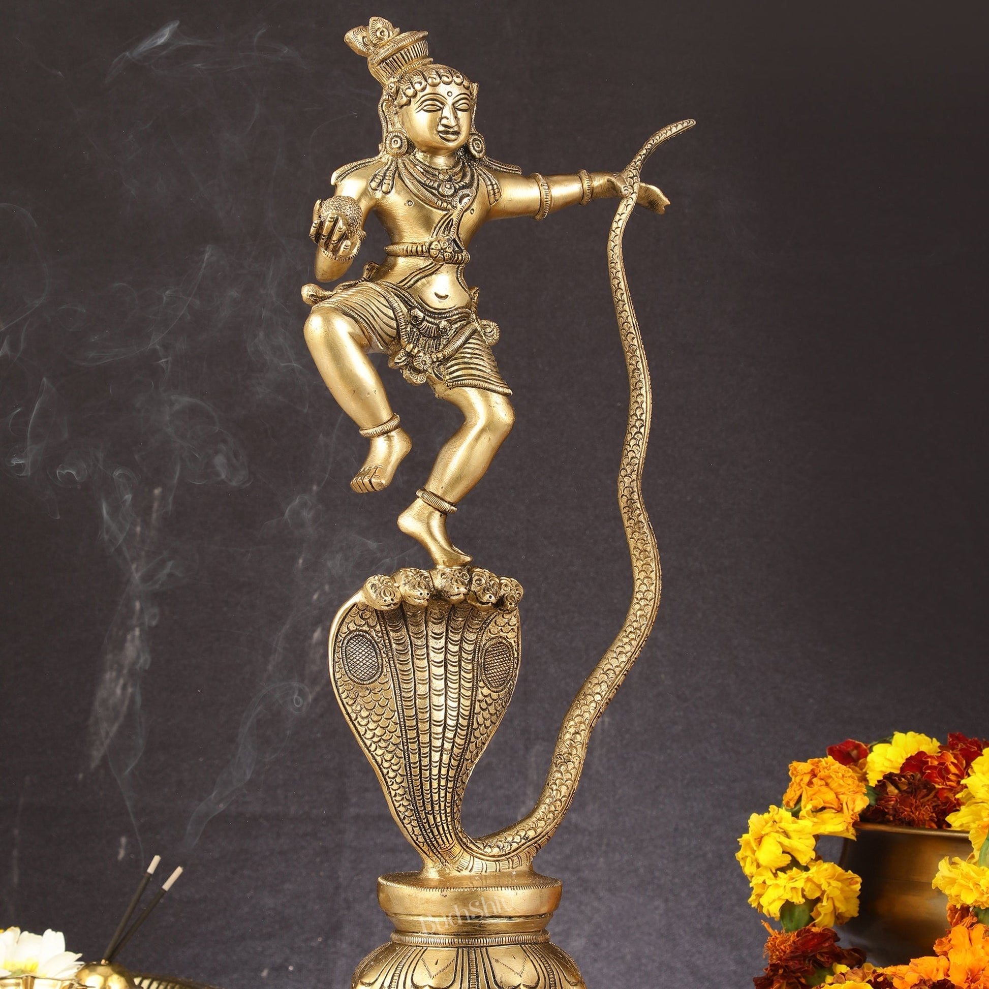 Brass Kalinga Krishna on Kaliya Naag Statue - 18" Height