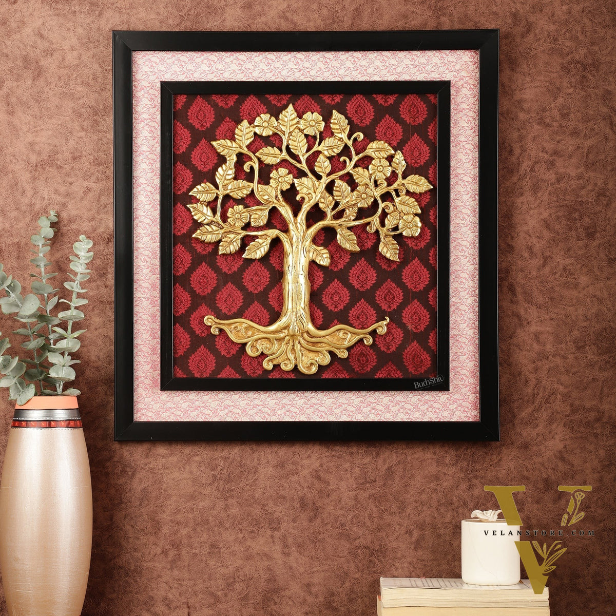 Brass Kalpavriksha Tree Hanging on Wooden Frame with Premium Fabric - 20" x 18.5"