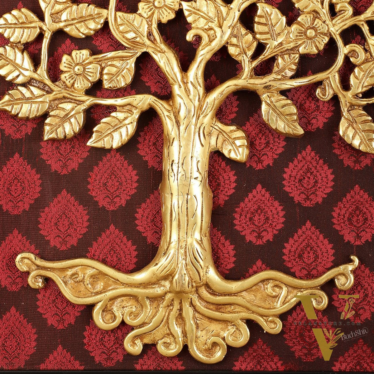 Brass Kalpavriksha Tree Hanging on Wooden Frame with Premium Fabric - 20" x 18.5"