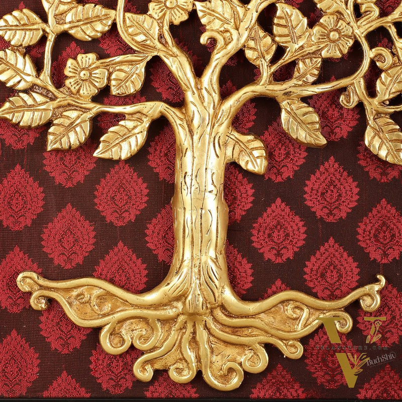 Brass Kalpavriksha Tree Hanging on Wooden Frame with Premium Fabric - 20" x 18.5"