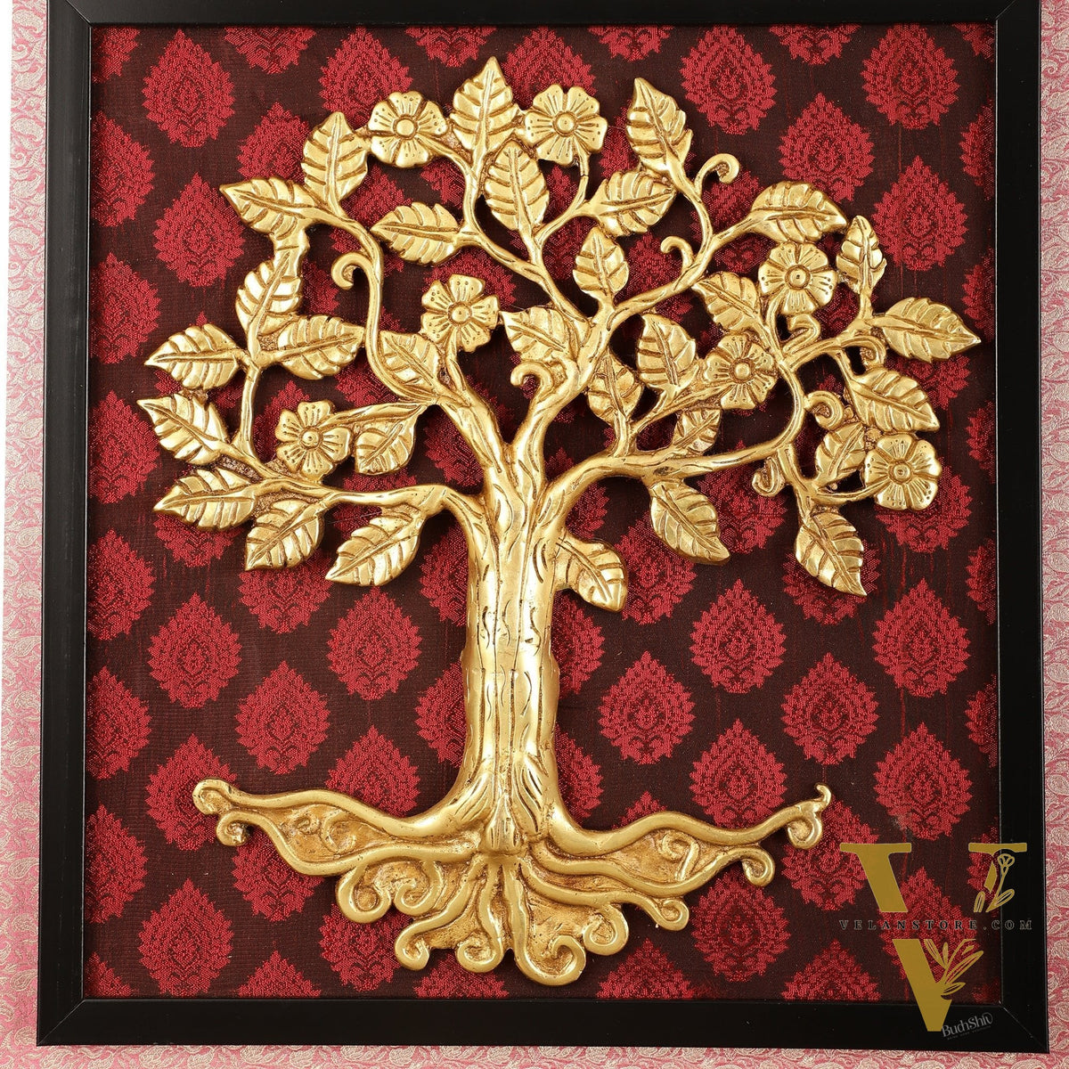 Brass Kalpavriksha Tree Hanging on Wooden Frame with Premium Fabric - 20" x 18.5"