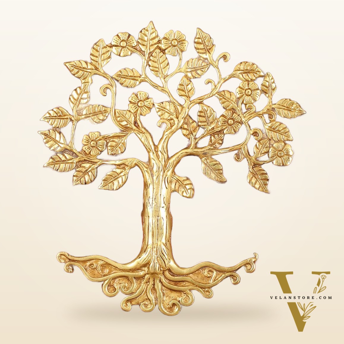 Brass Kalpavriksha Tree Hanging on Wooden Frame with Premium Fabric - 20" x 18.5"