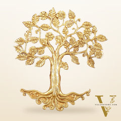 Brass Kalpavriksha Tree Hanging on Wooden Frame with Premium Fabric - 20" x 18.5"