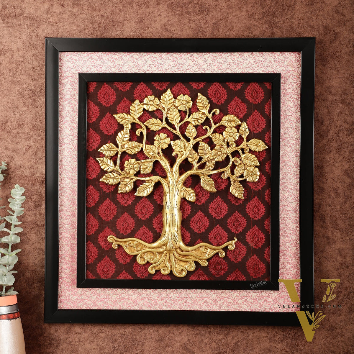 Brass Kalpavriksha Tree Hanging on Wooden Frame with Premium Fabric - 20" x 18.5"