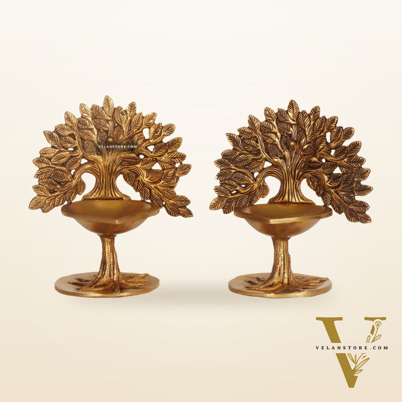 Brass Kalpavriksha Tree of Life Oil Diya - Handcrafted with Fine Detailing with roots