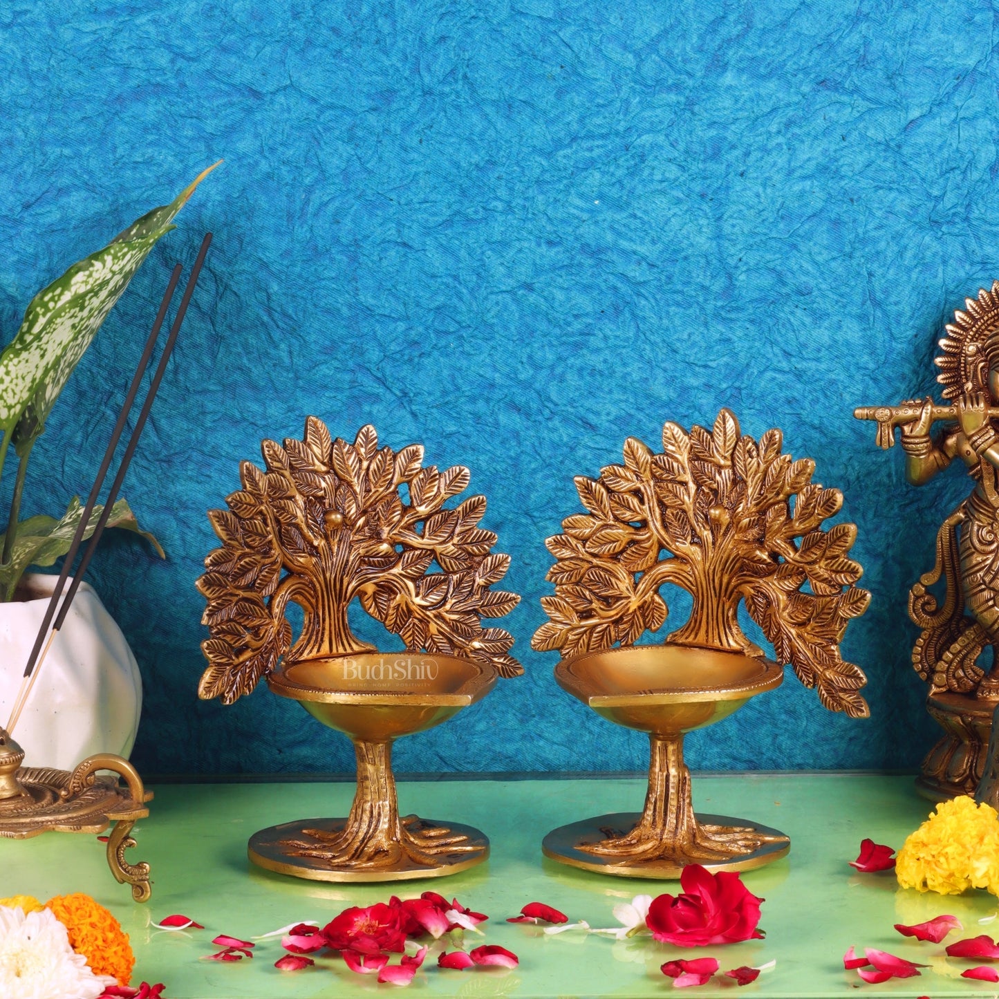 Brass Kalpavriksha Tree of Life Oil Diya - Handcrafted with Fine Detailing with roots