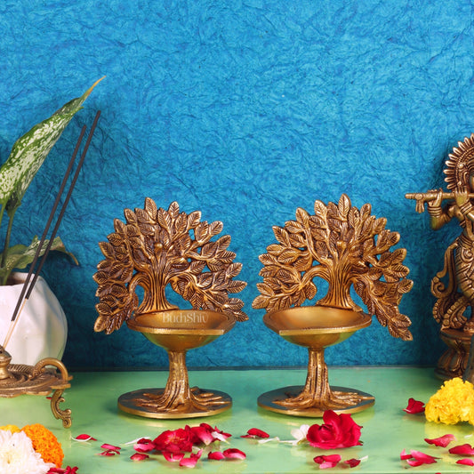 Brass Kalpavriksha Tree of Life Oil Diya - Handcrafted with Fine Detailing with roots