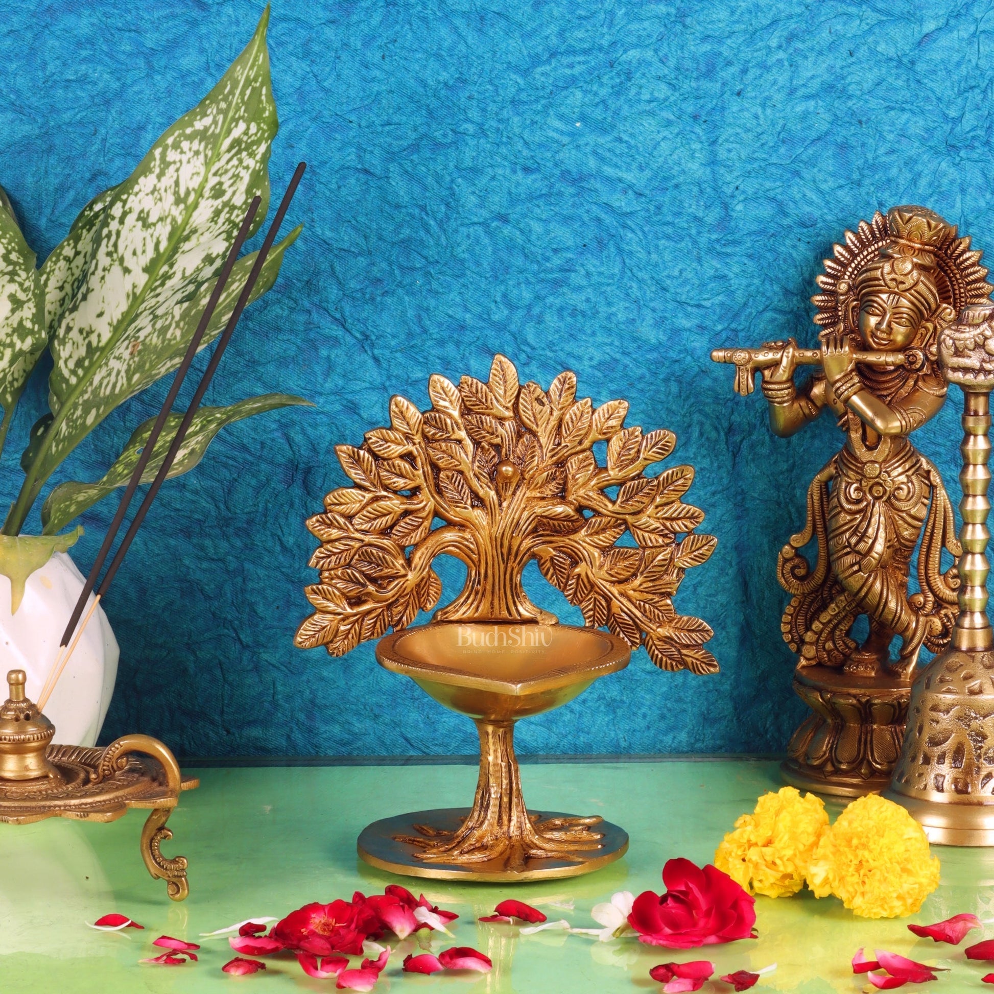 Brass Kalpavriksha Tree of Life Oil Diya - Handcrafted with Fine Detailing with roots