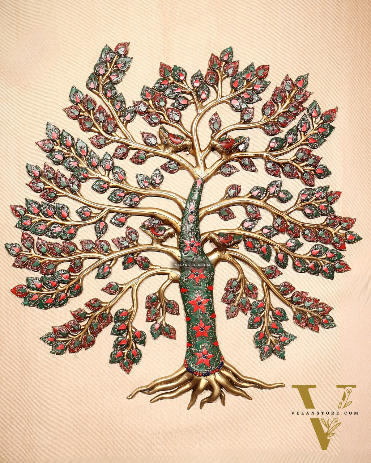 Brass Kalpavriksha Tree of Life Wall Hanging with Birds & Stonework – 23" x 22"