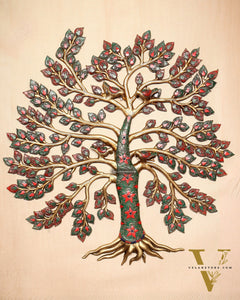 Brass Kalpavriksha Tree of Life Wall Hanging with Birds & Stonework – 23" x 22"