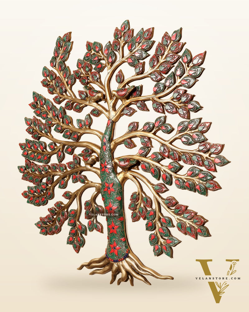 Brass Kalpavriksha Tree of Life Wall Hanging with Birds & Stonework – 23" x 22"