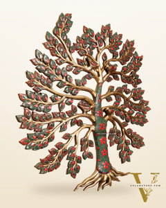 Brass Kalpavriksha Tree of Life Wall Hanging with Birds & Stonework – 23" x 22"