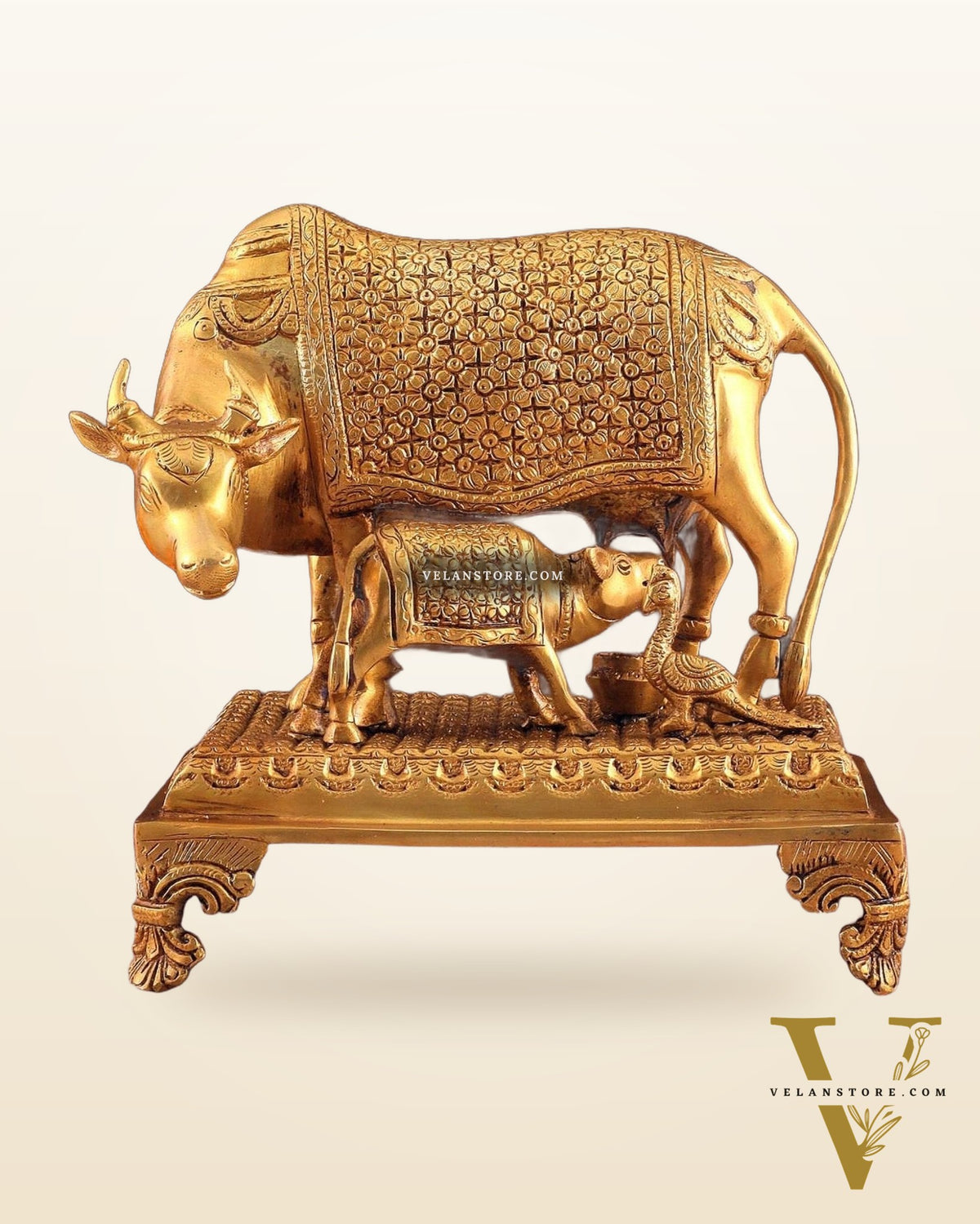 Brass Kamadhenu cow and calf idol| 10"