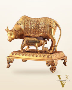 Brass Kamadhenu cow and calf idol| 10"