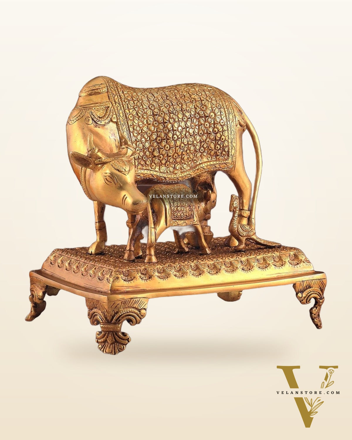 Brass Kamadhenu cow and calf idol| 10"