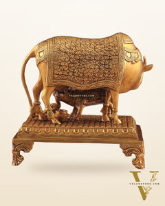 Brass Kamadhenu cow and calf idol| 10"